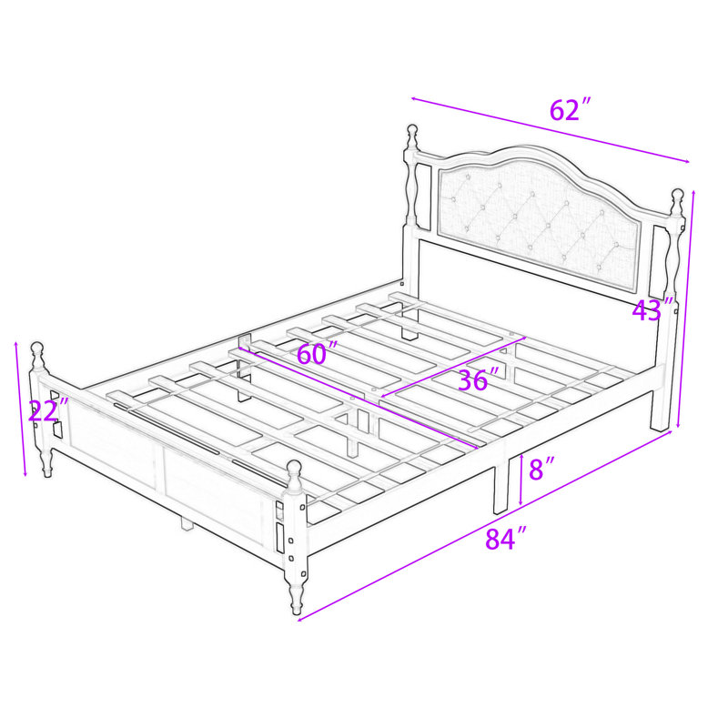 Grand lit plateforme en bois avec tête de lit tapissier, Cerisier