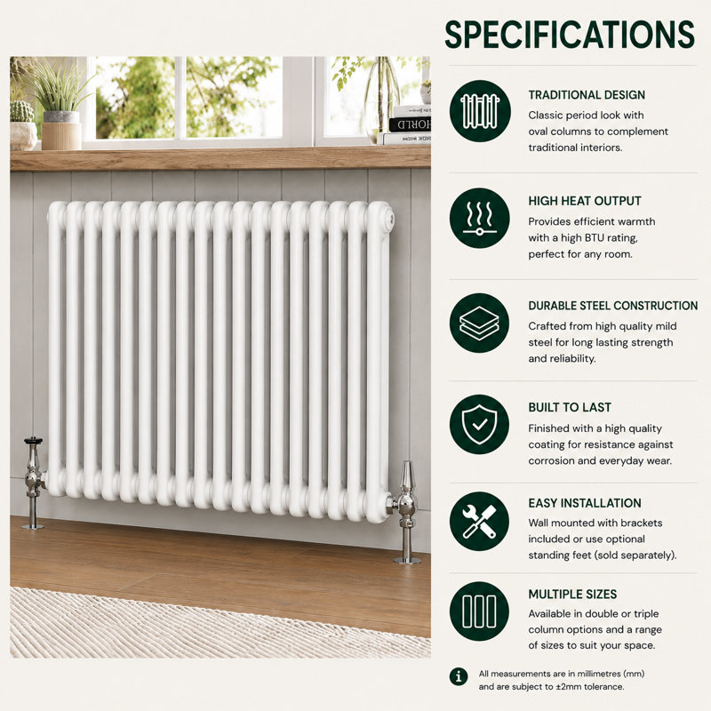 Uxbridge Horizontal Traditional Colosseum Radiator, White, 600mm H x 605mm W x 70mm D