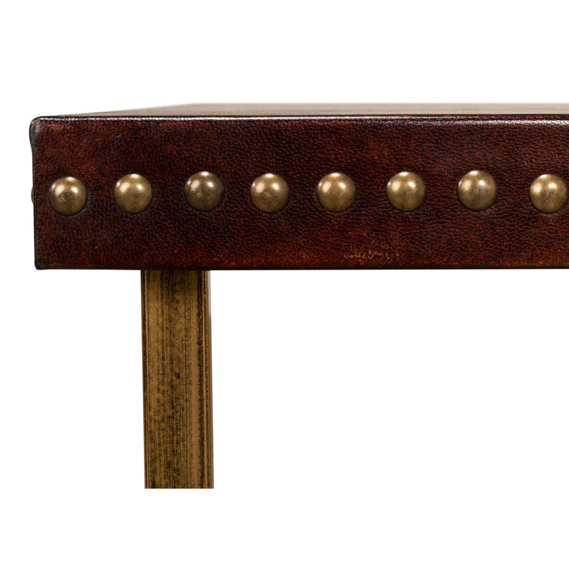 Brown Leather and Brass Rectangular Laptop End Table
