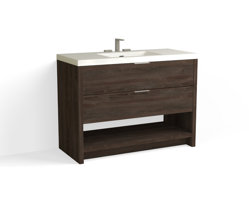 Vue 48" W Freestanding Single Bathroom Vanity, White Nanomatte, Glossy White/8" Widespread, Satin Nickel
