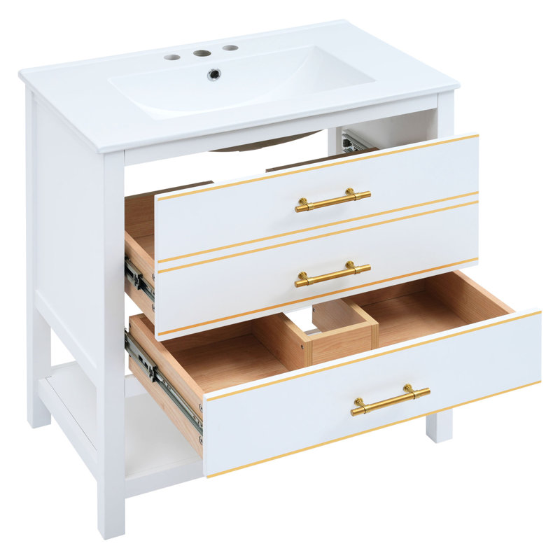 Armoire de salle de bain moderne 30 pouces - blanc, intérieur spacieux, espace ouvert, espace de rangement blanc avec détails or, options polyvalentes, détails