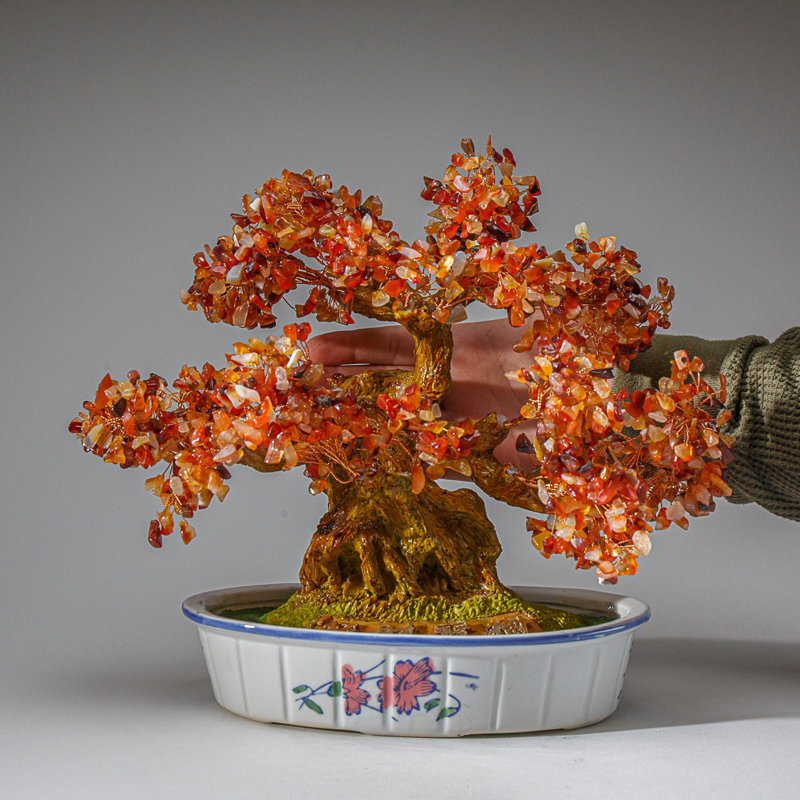 Genuine Carnelian Gemstone Bonsai Tree in Oval Ceramic Pot (11")