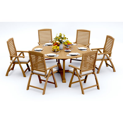 8 Seats 9 Pcs Grade-A Teak Wood Dining Set: 72" Round Table And 8 Ashely Folding Reclining Arm Chairs #11AS1708