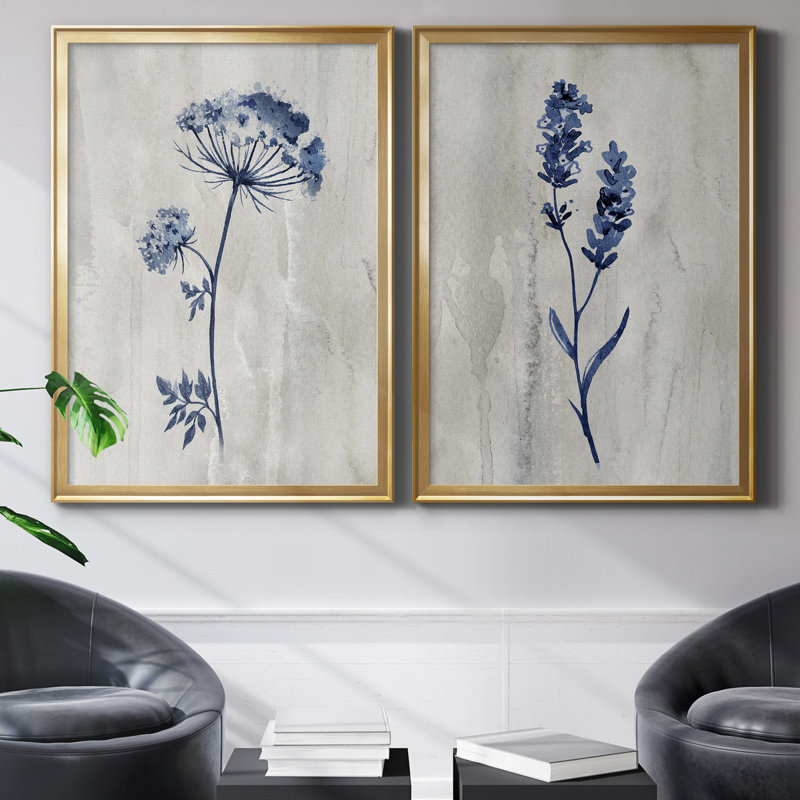 «Indigo Botanical I», ensemble de 2 reproductions d'impressions, Toile encadrée, H 30,5 po x l 85 po, Doré