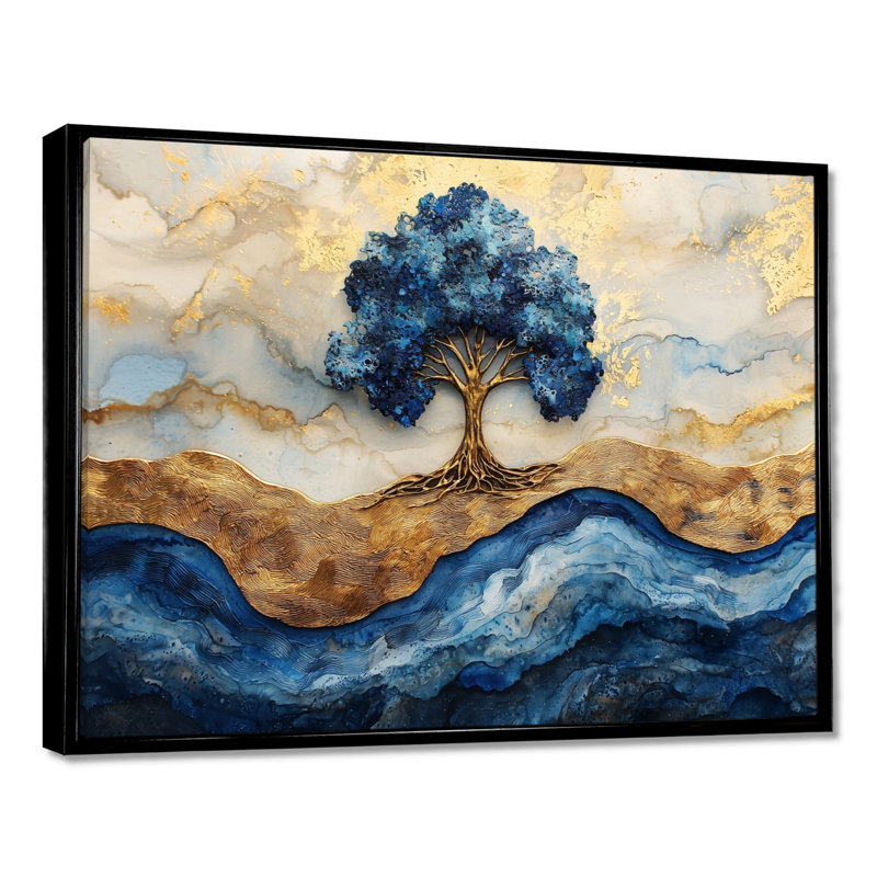 Aqua infini doré, arbre de vie I - art mural grand arbre de vie, H 16 po x l 32 po, Impression encadrée flottante