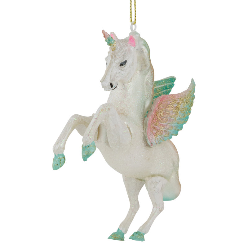 Ornement de Noël 5,25 po en forme de licorne en verre bleu et rose
