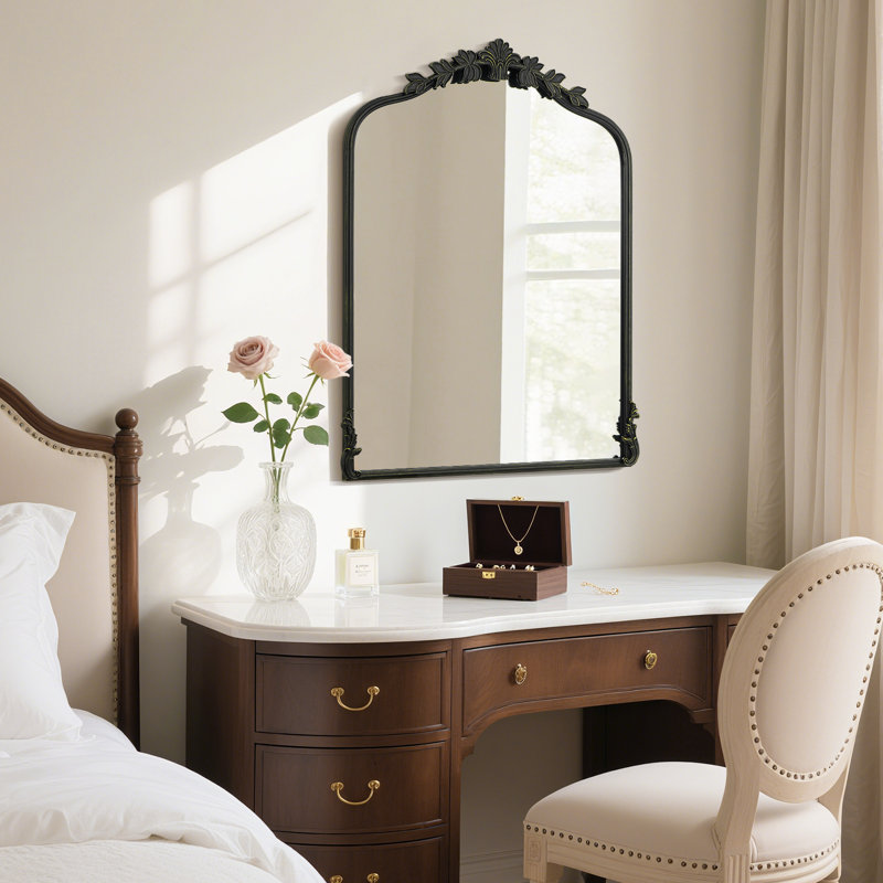 Vintage Metal Wall Mirror – Ornate Antique Vanity Mirror with Iron Frame, Black, 32” x 24”