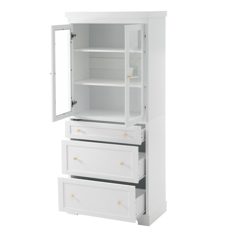 Armoire de salle de bain haute autoportante moderne de 70,1 po de hauteur avec 2 tablettes réglables, 3 tiroirs, portes en verre à fermeture en douceur - idéale pour la salle de bain, le salon et la cuisine