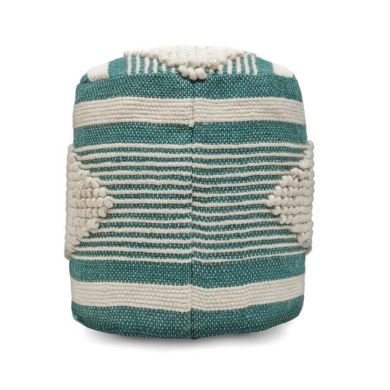 Diamond Handcrafted Fabric Cylindrical Pouf, White And Teal, Teal