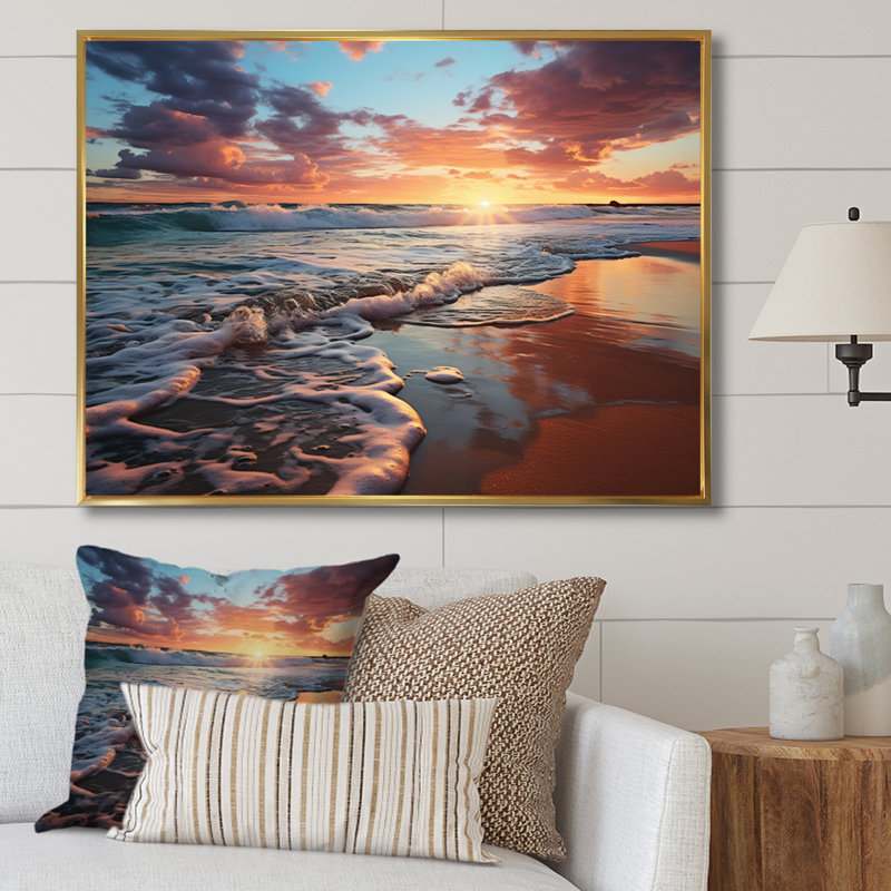 Coucher de soleil horizon III - art mural côtier pour le salon, H 16 po x l 32 po x P 1 po, Cadre flottant doré