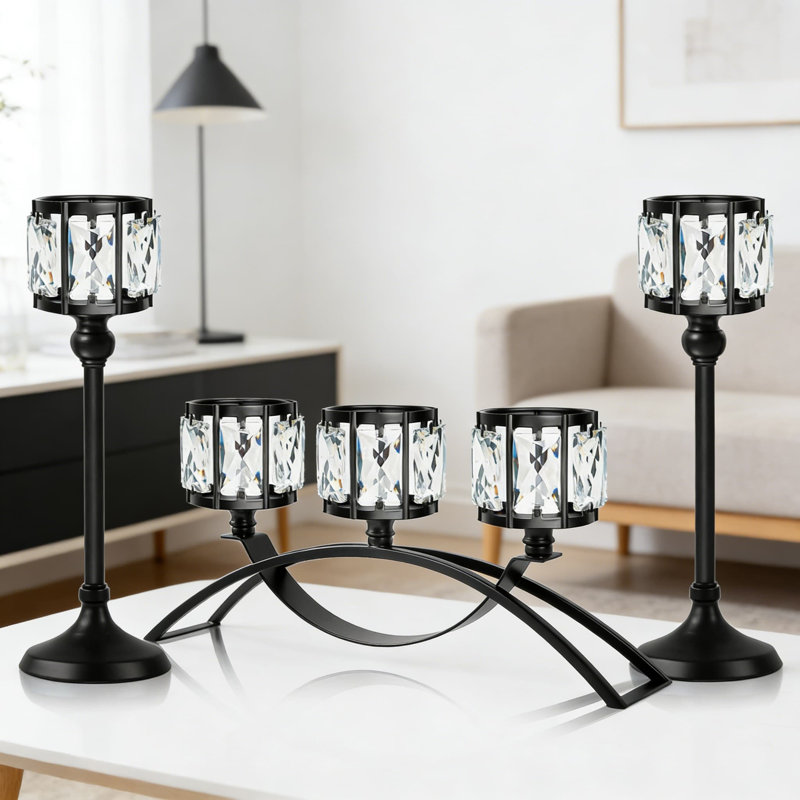 3-Arm Crystal Tealight Candelabra With Bowl Holders - Elegant Centerpiece For Wedding, Table, And Home Decor, Black