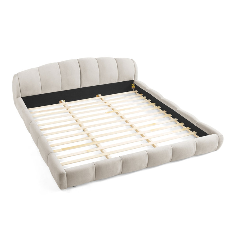 Très grande base de lit tapissier très grande taille en chenille, tête de lit épaisse courbée et pied de lit enveloppé, lit de plancher à profil bas, aucun sommier requis, assemblage facile