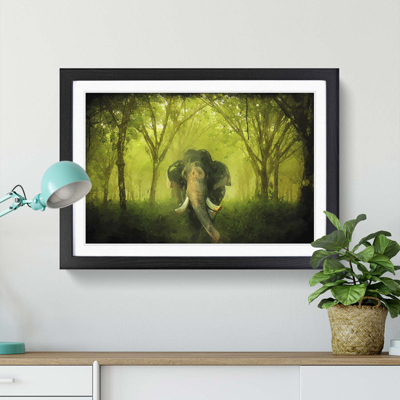 Marvellous Elephant in a Green Forest in Abstract - Framed Print, 40cm H x 60cm W x 2cm D, Black