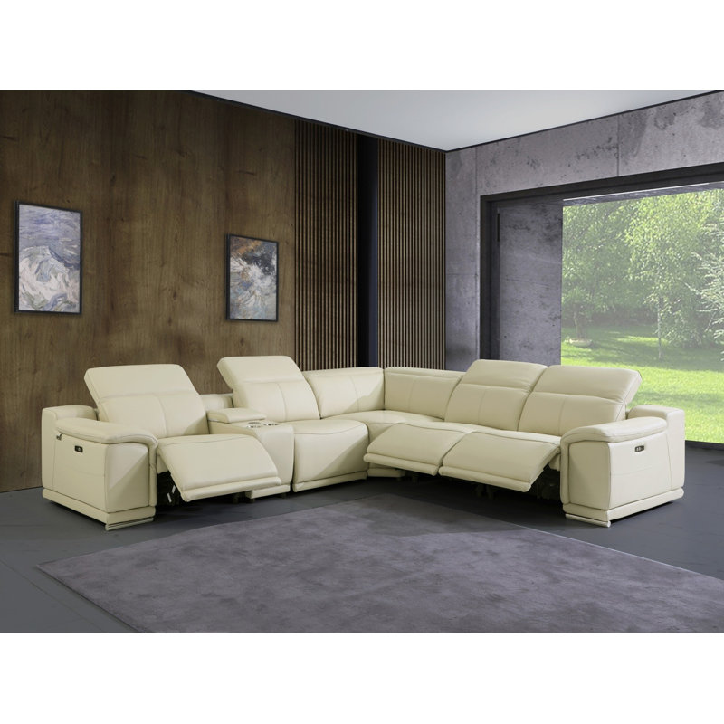 Crasia 123 '' Wide Genuine Top Grain Italian Leather Symmetrical Modular Seating Component, Beige Genuine Leather