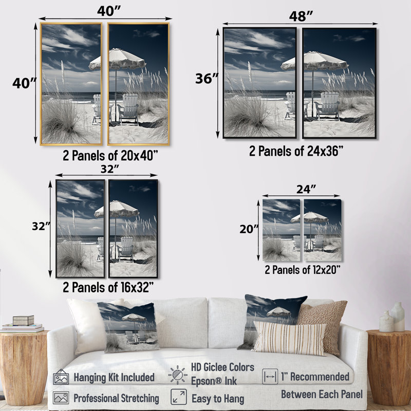 Chaises de plage noires et blanches - art mural côtier 2 panneaux, H 20 po x l 24 po, Impression encadrée flottante, Noir