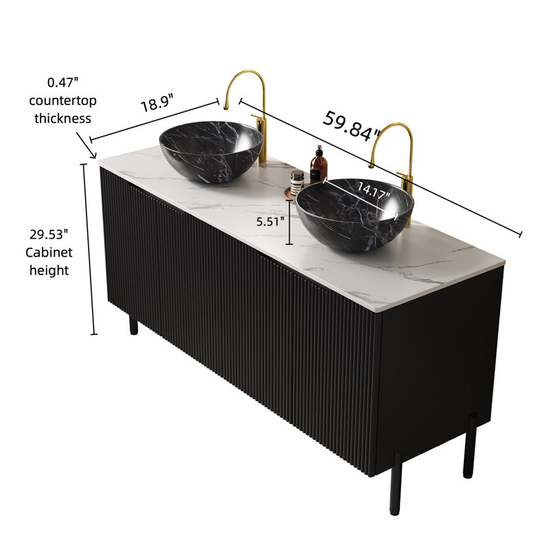 Meuble-lavabo de 60 po avec éviers, meuble de rangement autoportant avec 4 portes, 2 lavabos en céramique à motif de pierre et plateau en pierre frittée blanc de Carrare, sans couleur de robinet