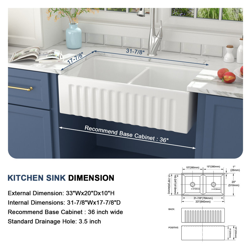 33" L X 20" W Farmhouse Kitchen Sink White Ceramic Workstation Sink Apron Front Double Bowl Sink, Glossy White/Brushed Silver