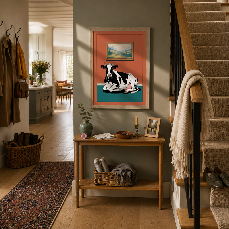 Resting Cow Indoors Modern - Framed Print, A4 - 29.7 x 21.0 cm, Oak
