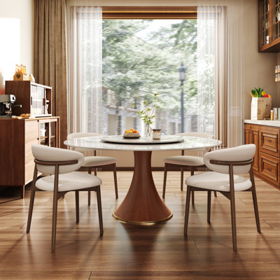 5Pcs Kitchen Dining Lazy Susan Table Set Farmhouse Solid Wood Pedestal (1 Table 4 Chairs)