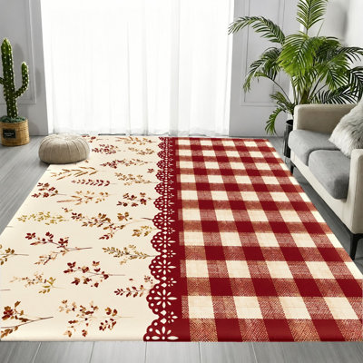Vintage Style Area Rug, Red White Gingham & Floral Pattern, Soft Non-Slip Floor Protection Mat, Indoor Decor for Living Room, Bedroom, Entryway, Kitchen, Apartment