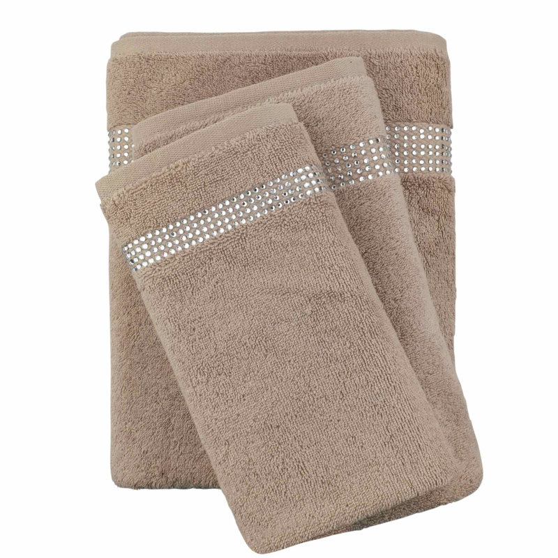 Sparkles Home | 3 Piece Cotton Towel Set | Rhinestone Stripe | Elegant Bathroom Decor, Taupe