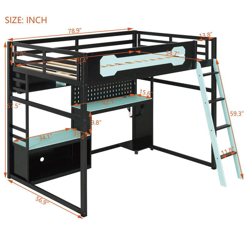 Full Size Loft Bed With Computer Desk, Storage Bookcase Shleves And Lights, Power Outlets, Blue/Black