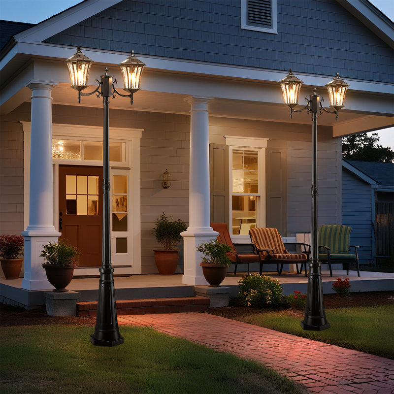 Lampadaire solaire 85 po, lampadaire d'extérieur Dusk To Dawn, lampadaire solaire à 2 têtes, lampadaire extérieur rétro noir, lampadaire imperméable pour jardin extérieur