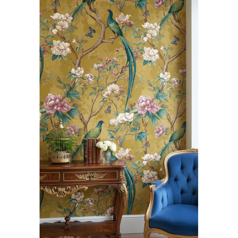Papier peint floral, élégante murale rétro