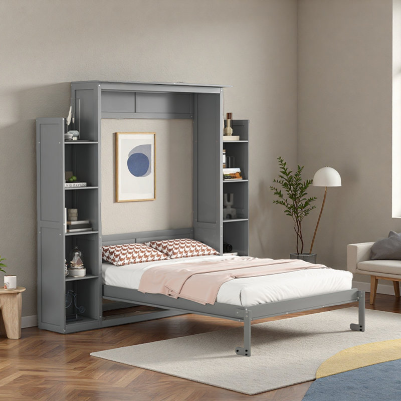 Lit escamotable avec 2 bibliothèques et tête de lit lumineuse, Gris, Complète