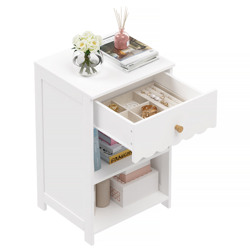 Modern White Scalloped Nightstand, 1/2-Piece Bedside Table with Drawer & Open Shelf, Wood End Table with Cloud Scalloped Edge
