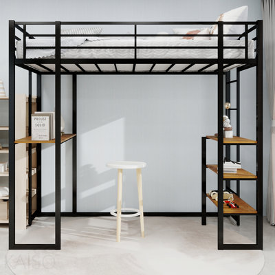 Iron Frame Bed With Bed And Table, Children'S And Youth Home Bed With L-Shaped Desk, Iron Frame Bed With Railing And Stairs, With Stairs On Both Sides Can Be Placed Anywhere