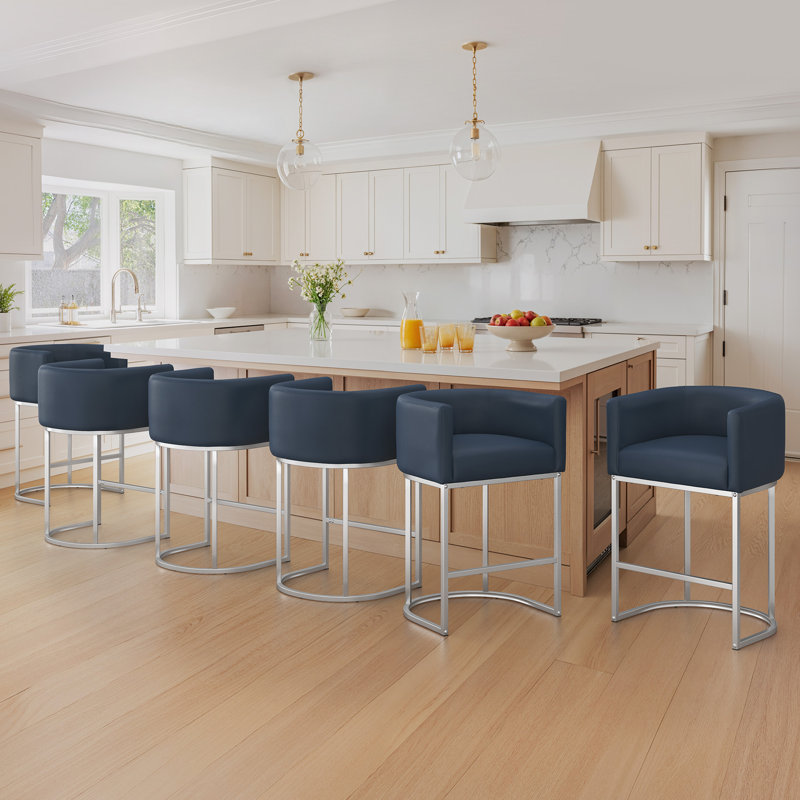 26" Upholstered Counter Stool with Metal Frame, Navy Blue/Faux Leather/Silver