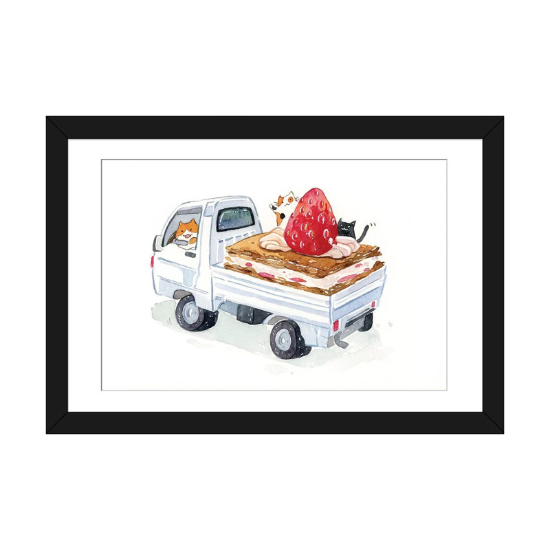 « kitty trucker », impression sur toile, H 16 po x l 24 po x P 1 po, Papier d'art encadré noir, Blanc