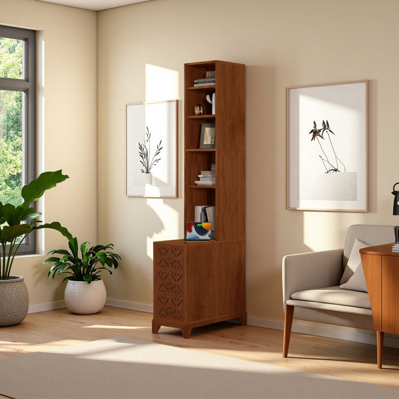 End Table With 3 Drawers, Corner Table With 4 Open Shelves, Tall Side Table For Bedroom And Corner
