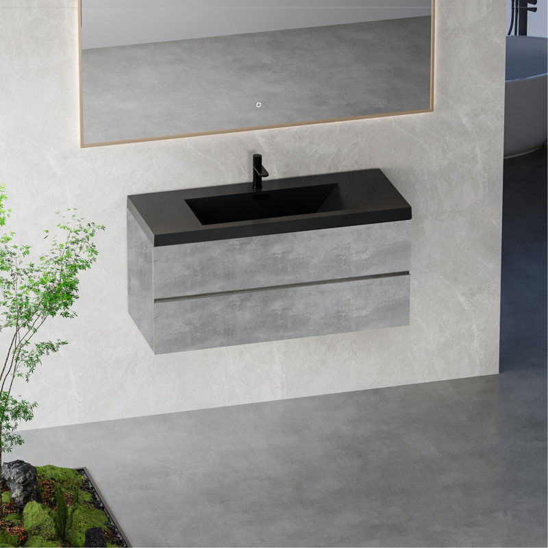 Meuble-lavabo flottant 48 po avec lavabo, meuble-lavabo mural avec lavabo à quartz noir et tiroirs à fermeture en douceur entièrement assemblés