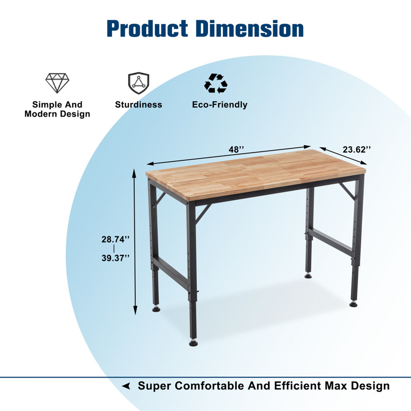 Établi réglable robuste de 48 po pour le garage, table d'atelier en bois d'hévéa avec patins en caoutchouc, poste de travail en bois franc, capacité de poids de plus de 2000 lb