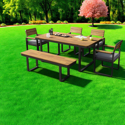 Spacious Patio Dining Sets, Acacia Wood Steel, Modern Rustic Patio Dining