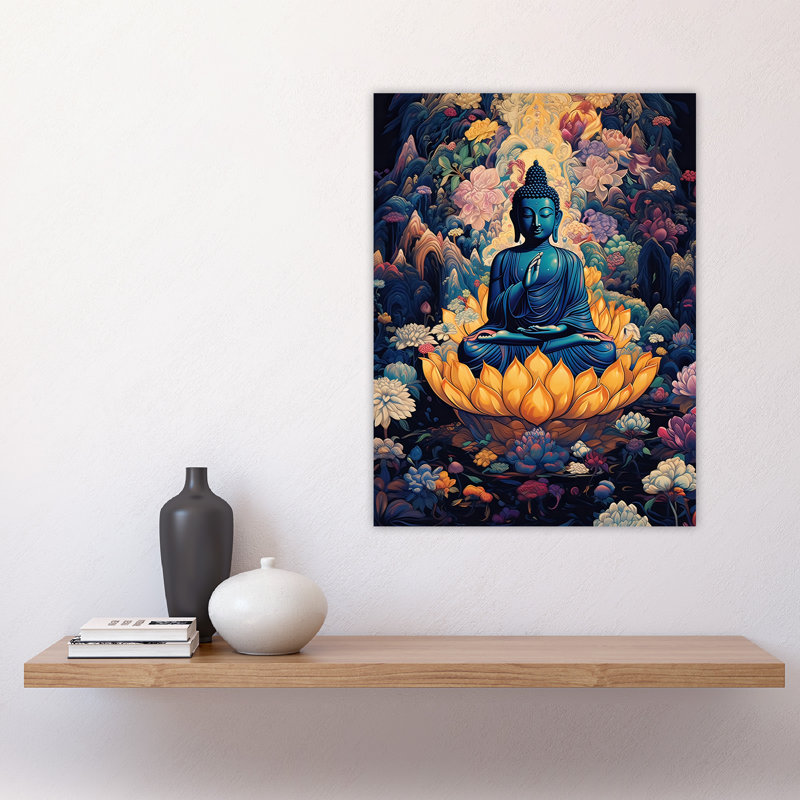 Wall Art Print Buddha in Lotus Flower Nirvana Concept Art Blue Floral Psychedelic Painting Poster
