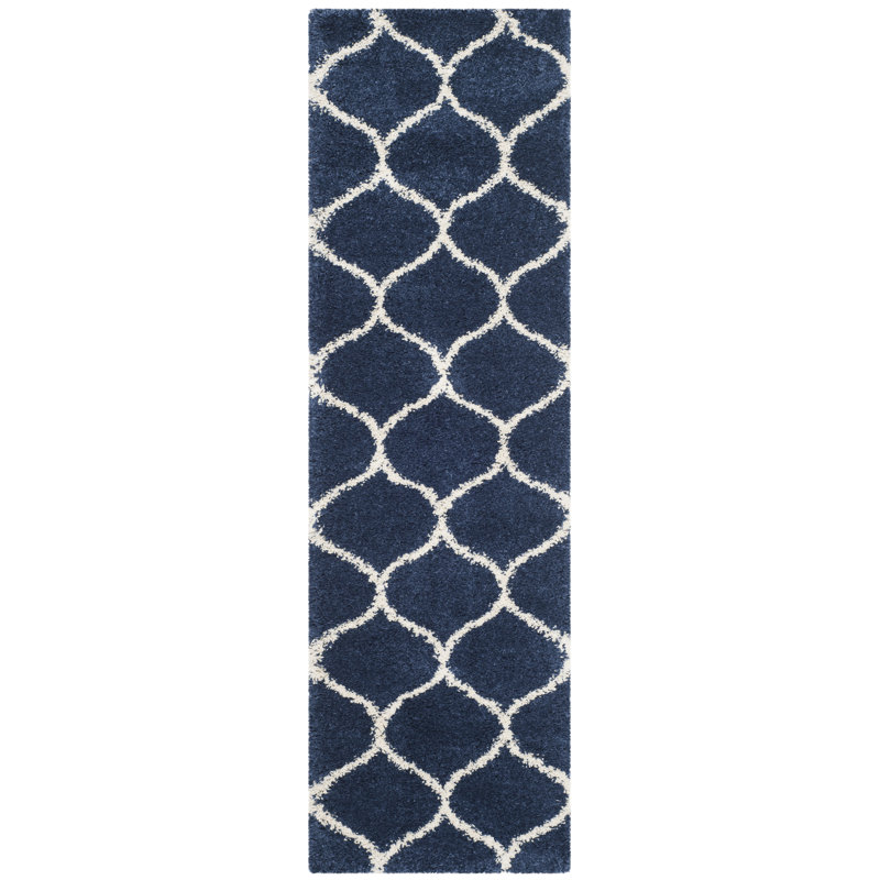 Darrold Shag Performance Geometric Rug, Runner 2'3" x 22', Navy/Ivory