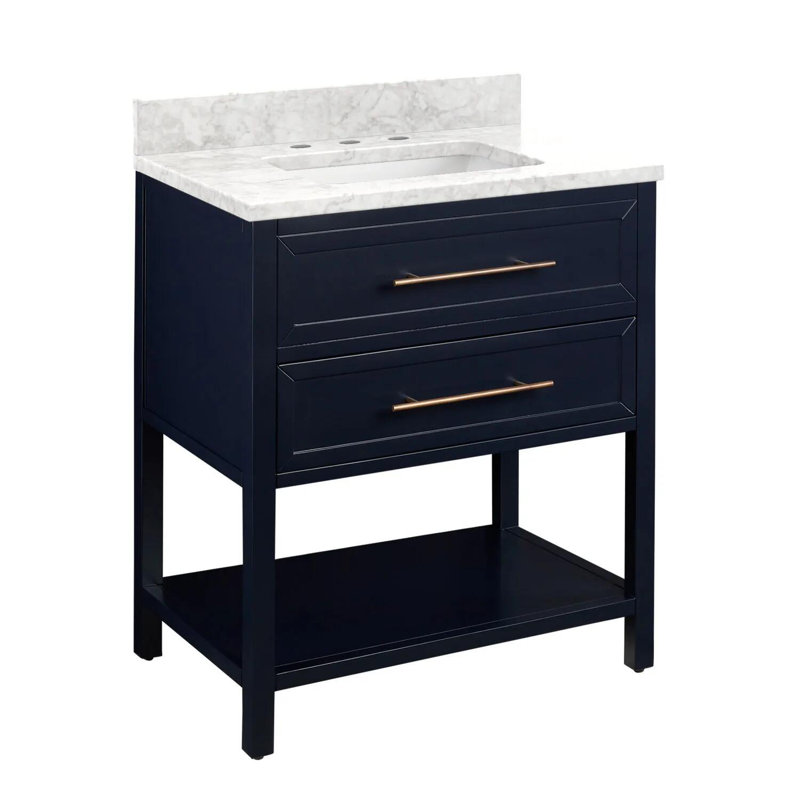 30" Robertson Single Bathroom Vanity Set with Rectangular Undermount Sink, 8" Widespread, Carrara Marble, Midnight Navy Blue