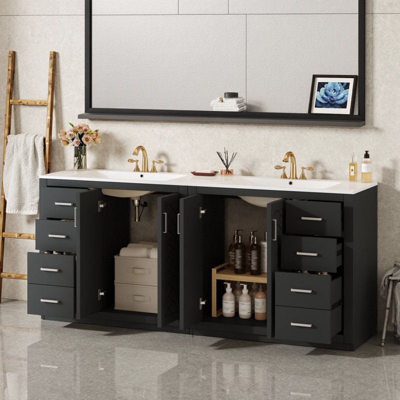 Meuble-lavabo moderne 72 po avec lavabo en céramique, armoire de rangement en bois massif, autoportant avec tiroirs et portes à fermeture douce