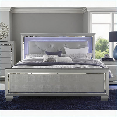For Modern Master Bedroom Luxury Queen Size Bed Frame, Soft Silver Upholstered Wooden Bed with LED Headboard