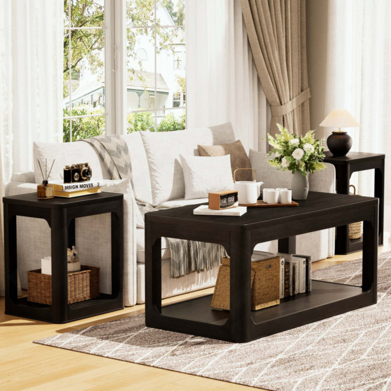 Ensemble de table basse de salon 3 pièces, table basse et table d'appoint de style moderne, offrant un grand espace de rangement et des bords lisses et arrondis. Idéal pour les salons, les chambres à coucher, les bureaux et plus encore