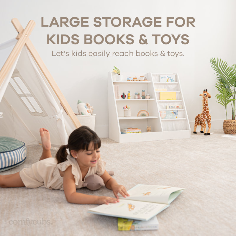 Comfy Cubs Kids Bookshelf 35.2 x 15.7 x 31.5 Inches - Sturdy MDF Montessori Shelf with Soft & Hard Shelves for Toys & Books - Easy Access Organizer