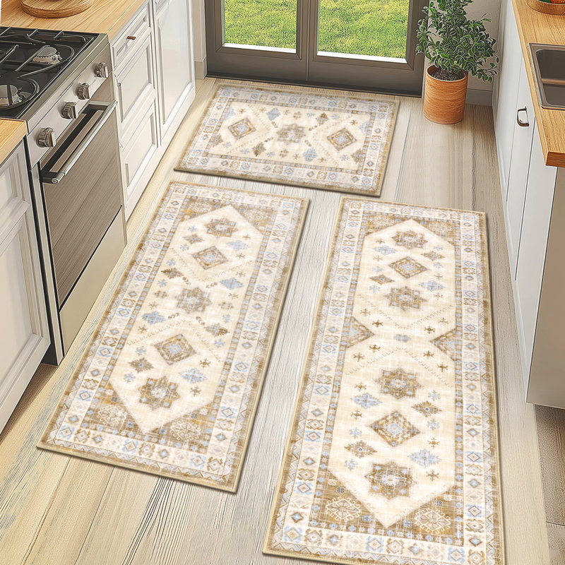 Tapis de cuisine antidérapant lavable à la machine (ensemble de 3), Crème / Havane