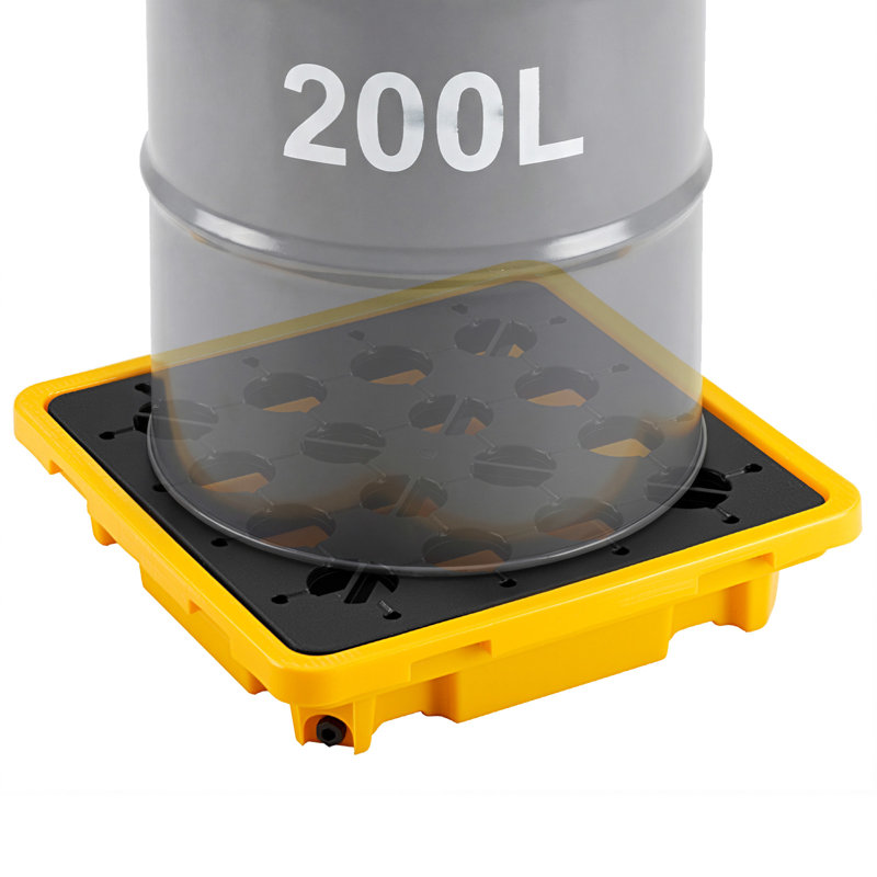 Palette de confinement de déversement, plateforme modulaire de confinement de déversement à profil bas 1 tambour, puisard de 11,4 gallons, capacité de charge de 1543 lb, plateau en polyéthylène robuste avec drain, 26,4 po x 26,6 po x 5,9 po, jaune