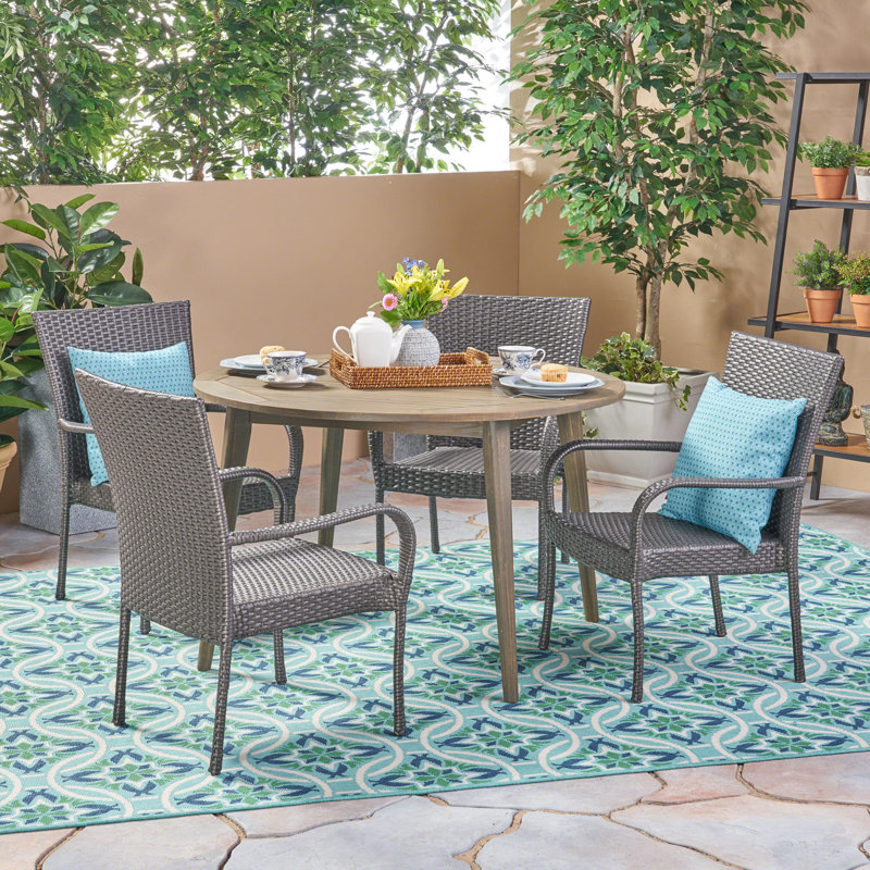 Lecuyer 4 - Person Acacia Wicker Patio Dining Set with Round Table, Gray