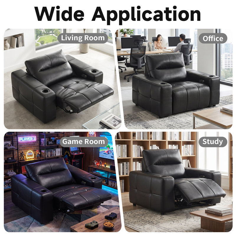 Fauteuil inclinable électrique sans gravité en cuir véritable noir, Noir