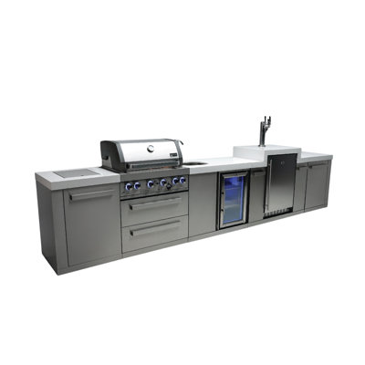 Îlot de cuisine d'extérieur en acier inoxydable de qualité supérieure l 168 po x P 23 po x H 55 po avec robinet de réfrigérateur et évier + distributeur de bière Kegerator à 3 robinets + barbecue à 4 brûleurs l 32 po + comptoirs en granite + tiroirs de rangement + convertible au gaz naturel + Garantie à vie