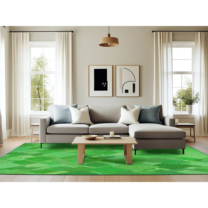 Tapis à motif géométrique vert, Rectangle 6 pi x 9 pi